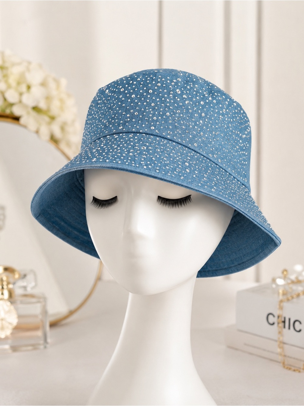 Y2K Light Denim Look Rhinestone Bucket Hat Blue Cotton Sparkle Festival
